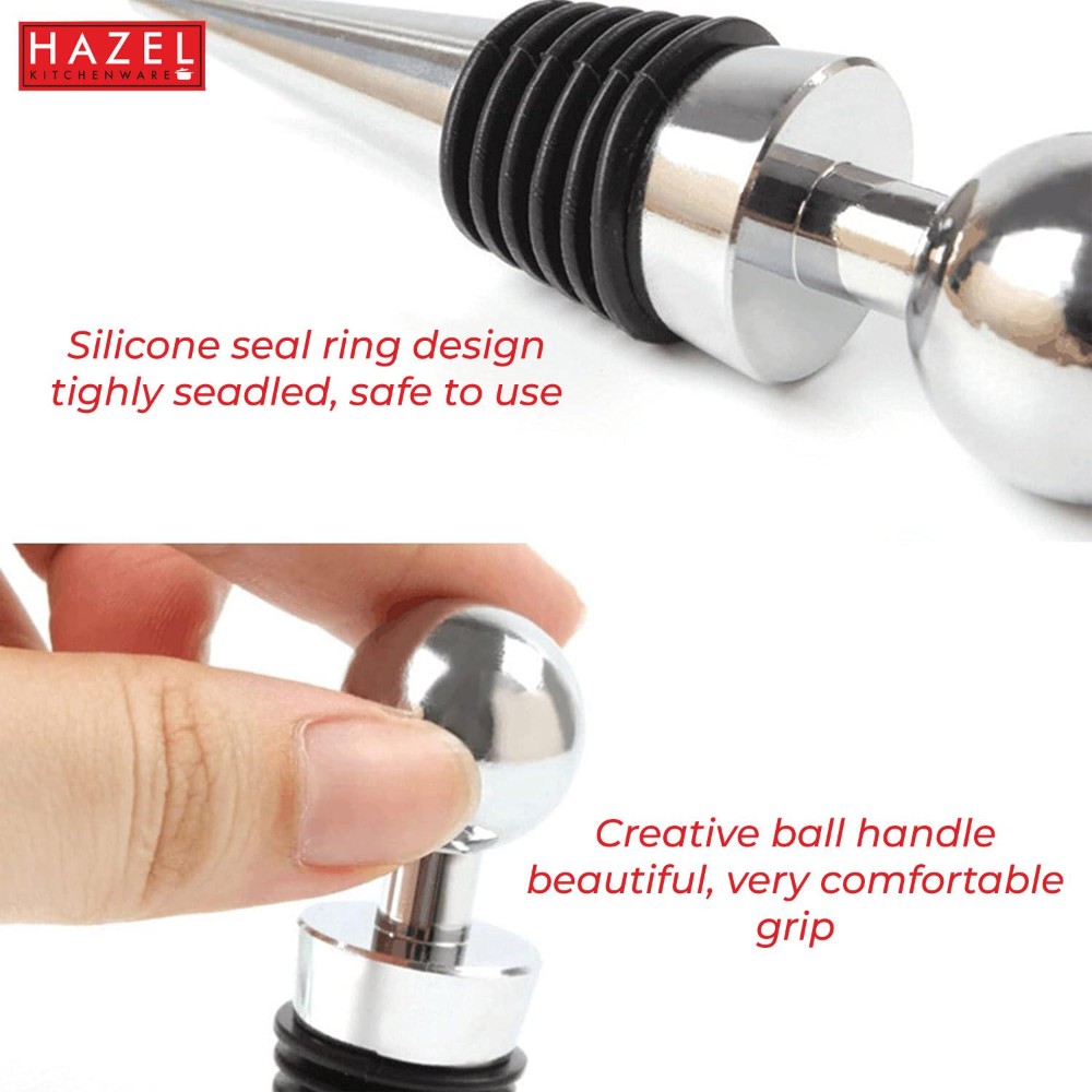 HAZEL Stainless Steel bottle cork | Wine Bottle Stopper with Rubber Grip, Silver