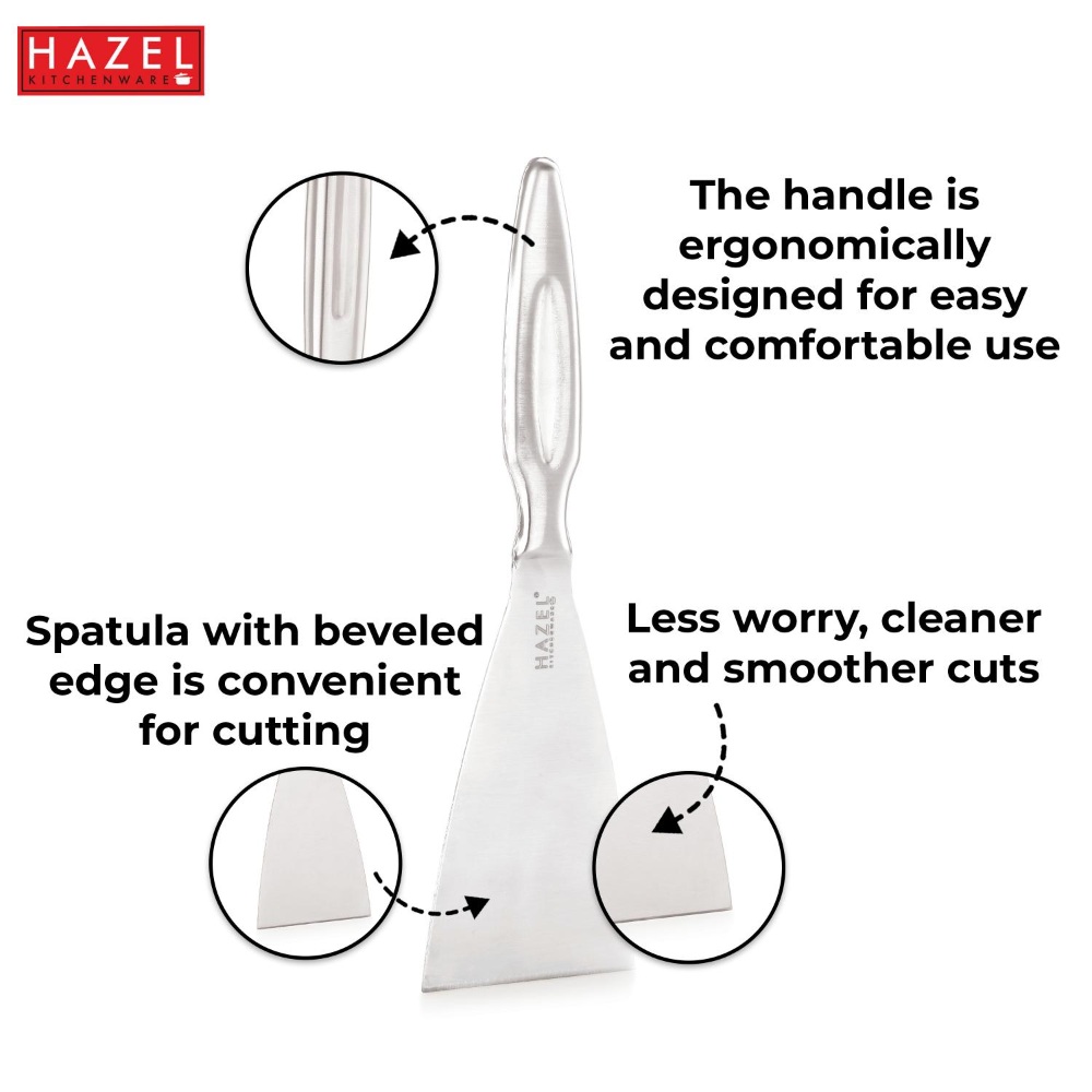 HAZEL Stainless Steel Pizza Cutter with Handle | Spatula with with Beveled Edge, Silver