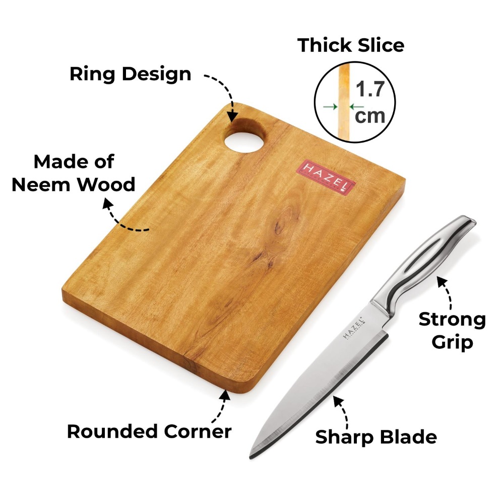 HAZEL Wooden Chopping Board for Kitchen with Stainless Steel Chef Sharp knife, Set of 2
