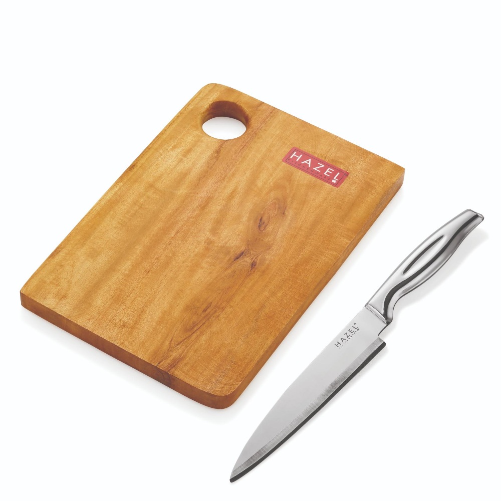 HAZEL Wooden Chopping Board for Kitchen with Stainless Steel Chef Sharp knife, Set of 2