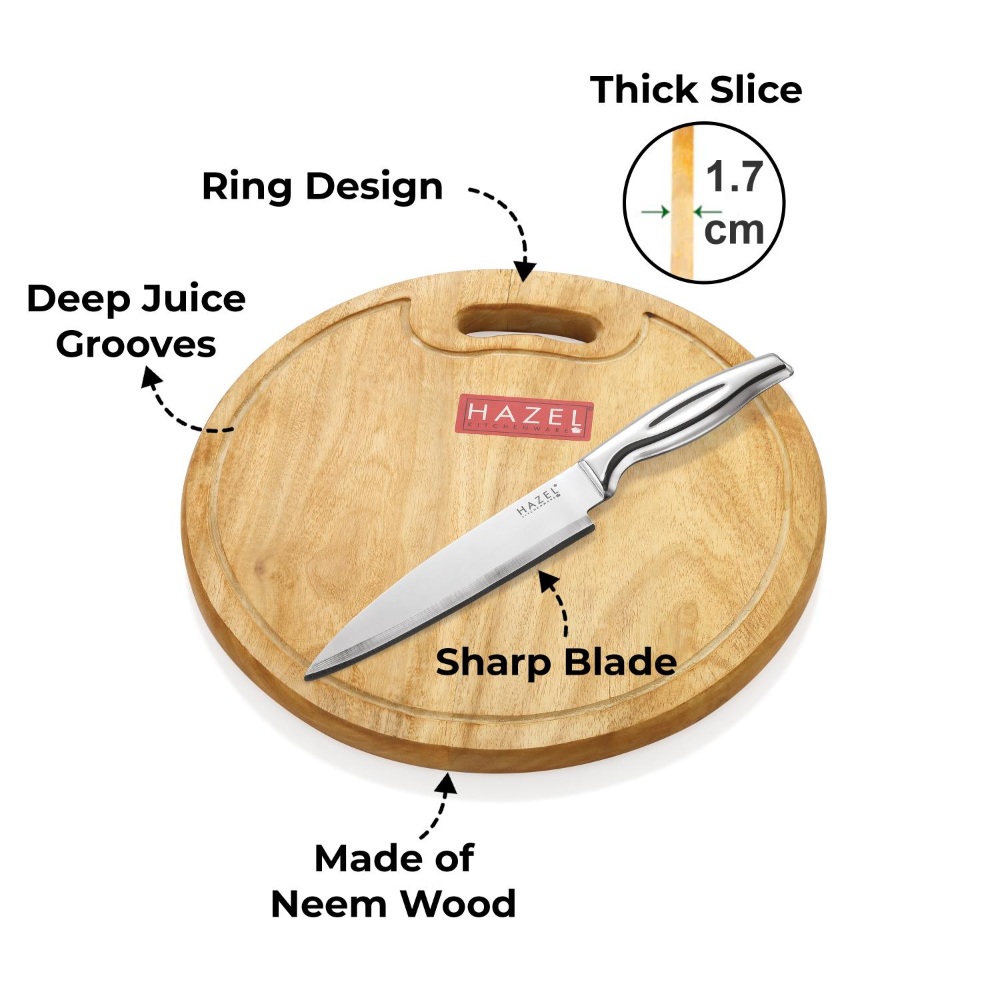 HAZEL Wooden Chopping Board for Kitchen with Stainless Steel Chef Knife, Set of 2