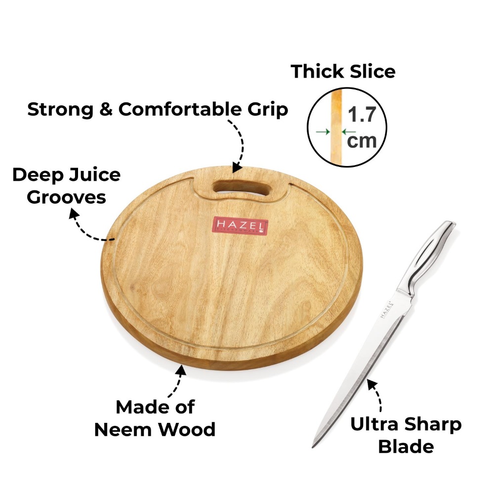 HAZEL Wooden Chopping Board for Kitchen with Stainless Steel Carving Sharp knife, Set of 2