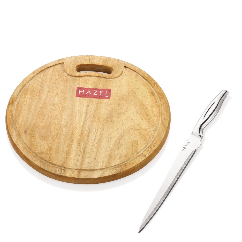 HAZEL Wooden Chopping Board for Kitchen with Stainless Steel Carving Sharp knife, Set of 2