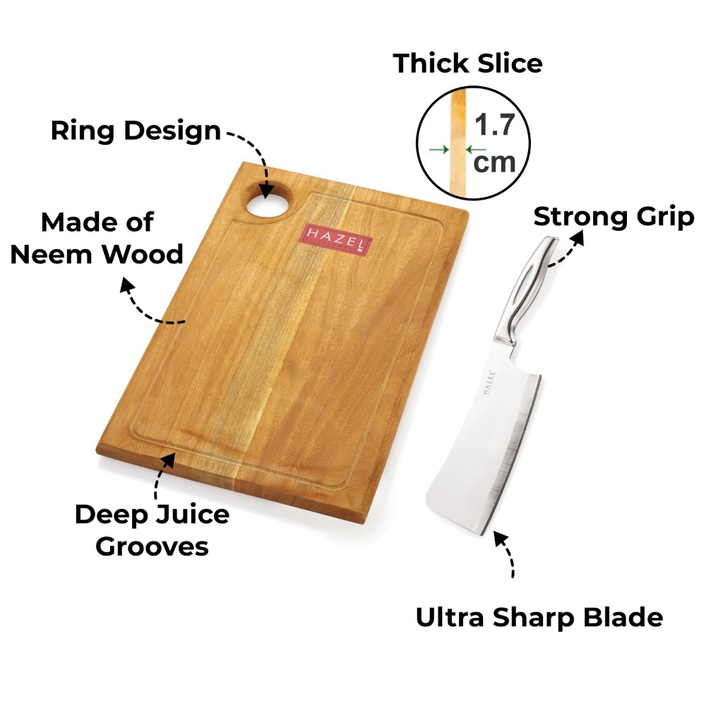 HAZEL Wooden Chopping Board for Kitchen with Stainless Steel Chopper Sharp knife, Set of 2