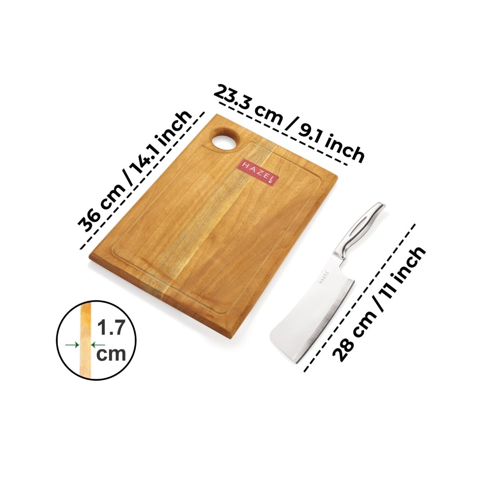 HAZEL Wooden Chopping Board for Kitchen with Stainless Steel Chopper Sharp knife, Set of 2