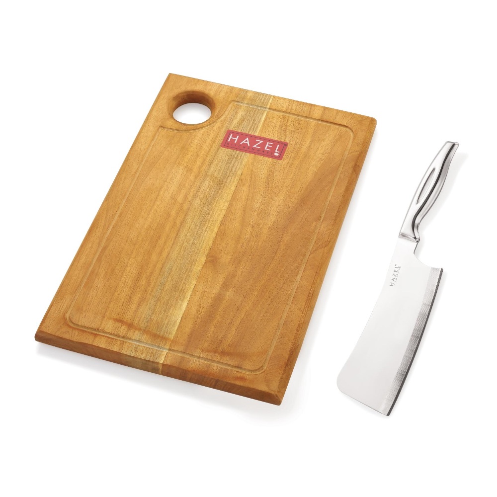 HAZEL Wooden Chopping Board for Kitchen with Stainless Steel Chopper Sharp knife, Set of 2