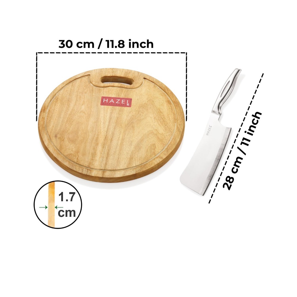 HAZEL Wooden Round Chopping Board for Kitchen with Stainless Steel Chopper Sharp knife, Set of 2