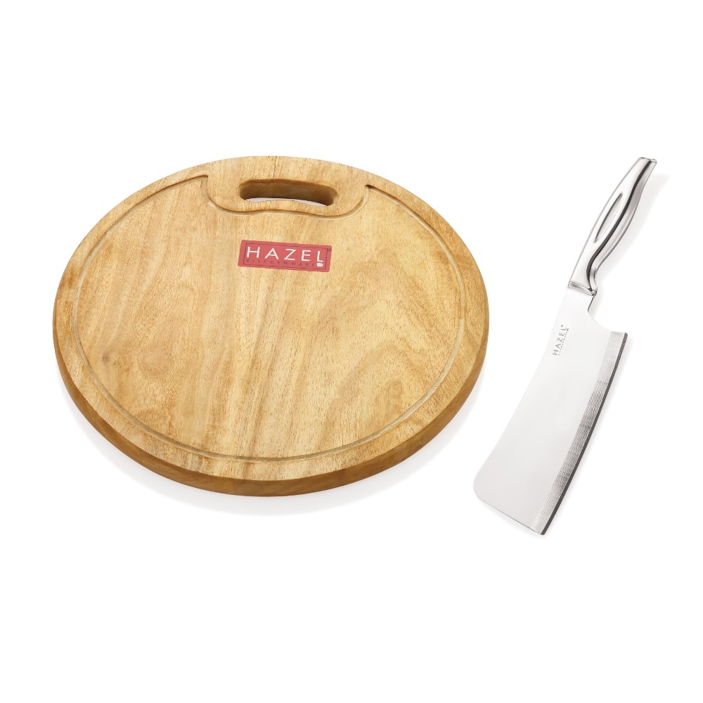 HAZEL Wooden Round Chopping Board for Kitchen with Stainless Steel Chopper Sharp knife, Set of 2
