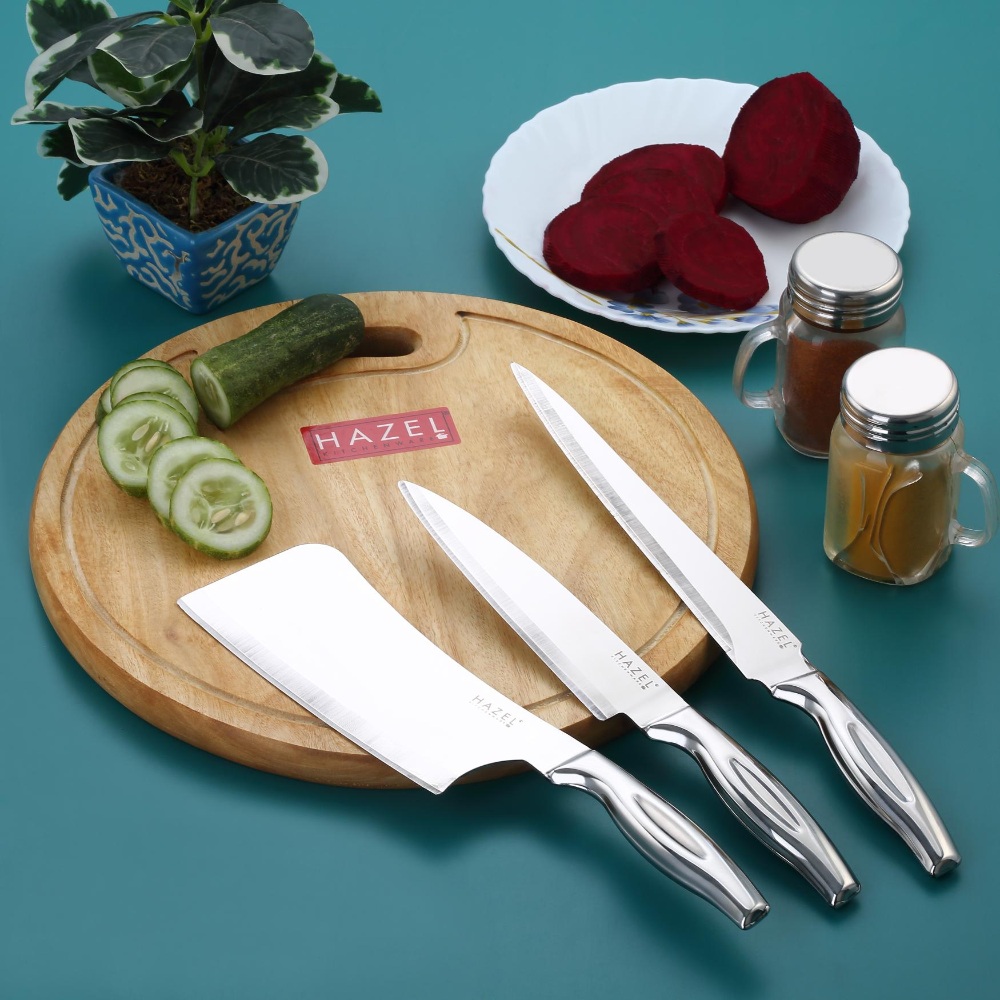 HAZEL Stainless Steel Sharp Kitchen knife Set of 3|Chef Knife Big, Carving Knife & Chopper Knife