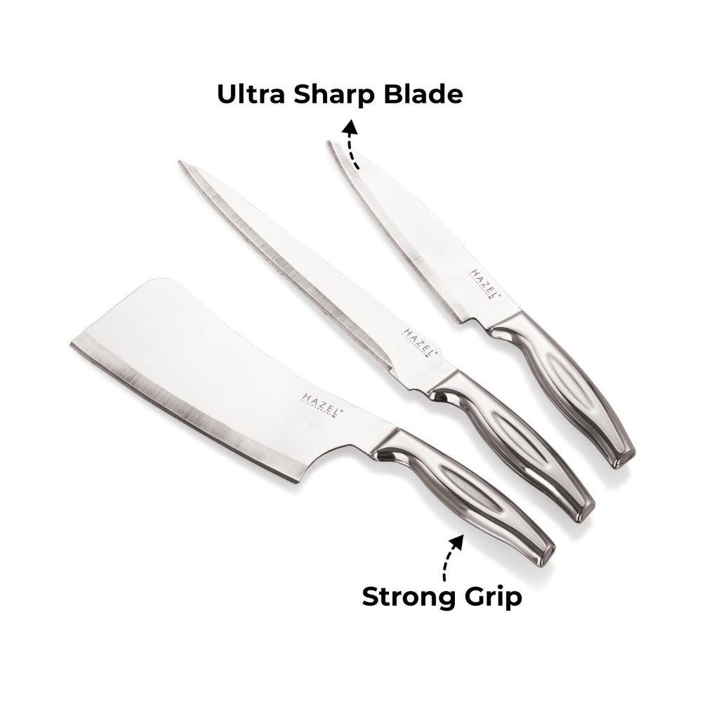 HAZEL Stainless Steel Sharp Kitchen knife Set of 3|Chef Knife Big, Carving Knife & Chopper Knife