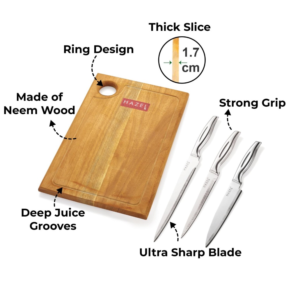 HAZEL Stainless Steel Sharp Kitchen knife Set of 4|Chef, Paring, Carving Knife & Rect Chopping Board