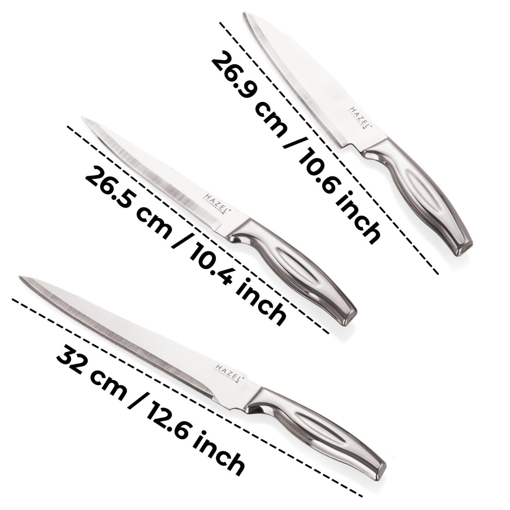 HAZEL Stainless Steel Sharp Kitchen knife Set of 4|Chef, Paring, Carving Knife & Rect Chopping Board