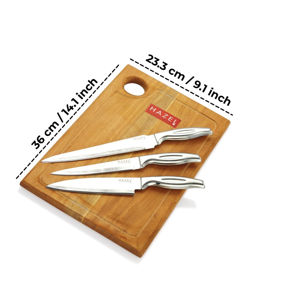 HAZEL Stainless Steel Sharp Kitchen knife Set of 4|Chef, Paring, Carving Knife & Rect Chopping Board