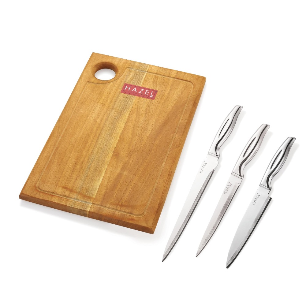 HAZEL Stainless Steel Sharp Kitchen knife Set of 4|Chef, Paring, Carving Knife & Rect Chopping Board
