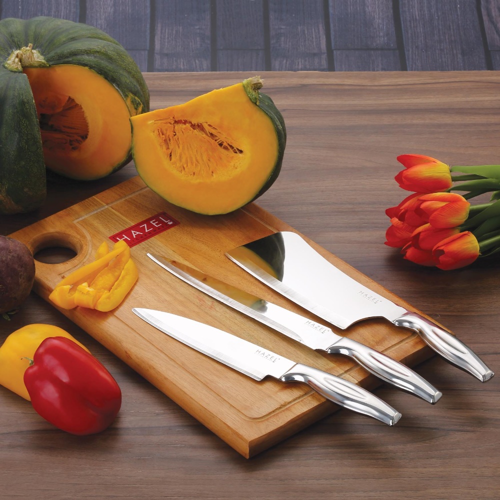 HAZEL Stainless Steel Sharp Kitchen knife Set of 4|Chef, Carving, Chopper Knife & Rect Chopping Board