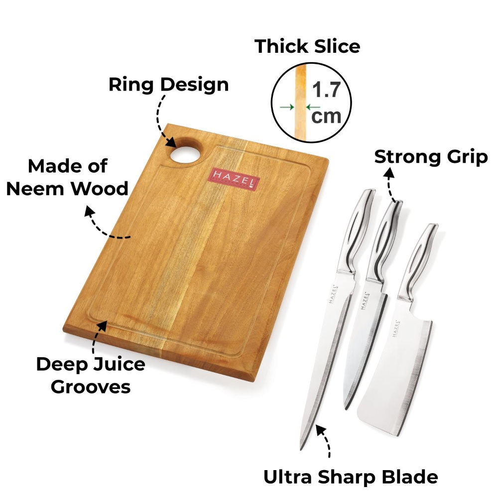 HAZEL Stainless Steel Sharp Kitchen knife Set of 4|Chef, Carving, Chopper Knife & Rect Chopping Board