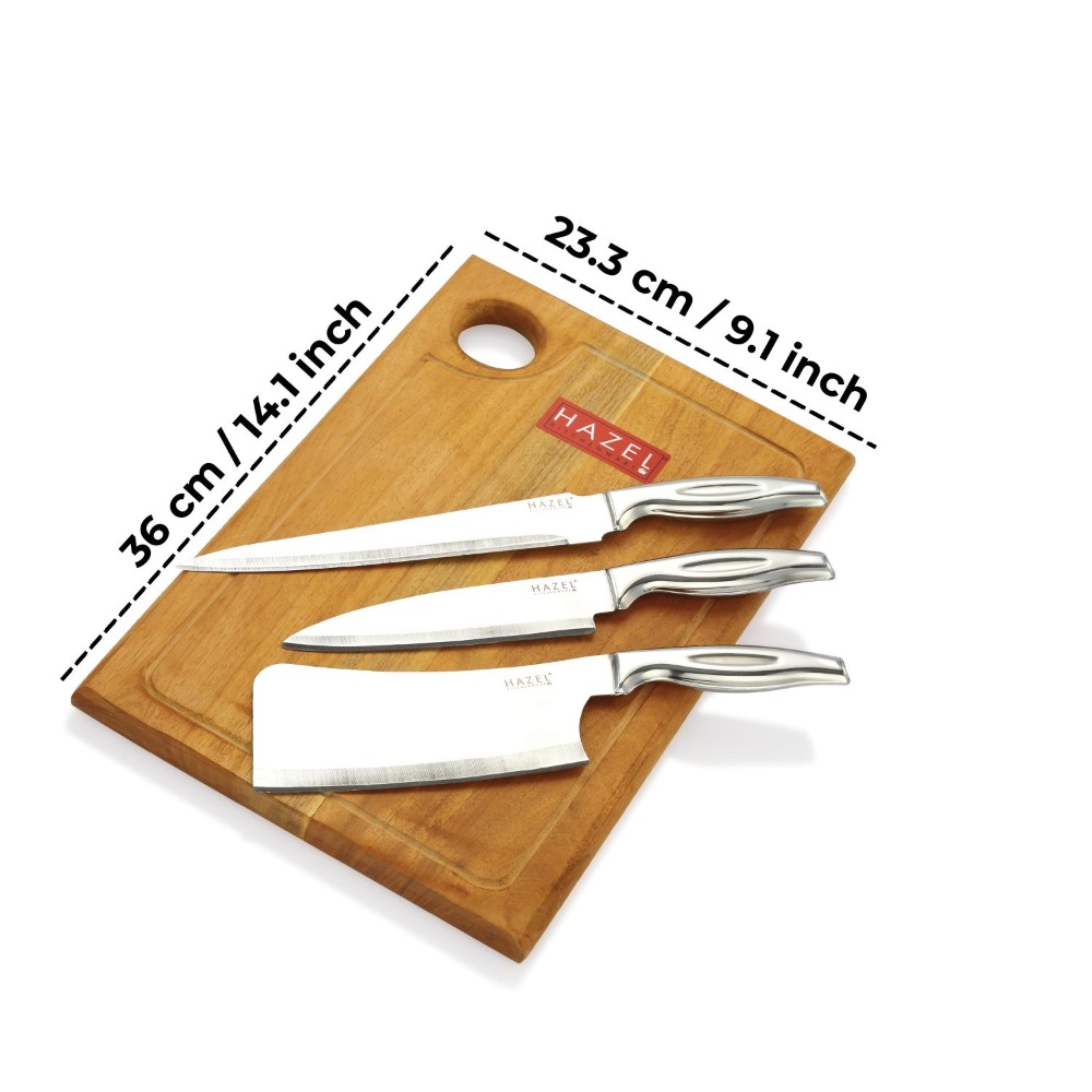 HAZEL Stainless Steel Sharp Kitchen knife Set of 4|Chef, Carving, Chopper Knife & Rect Chopping Board
