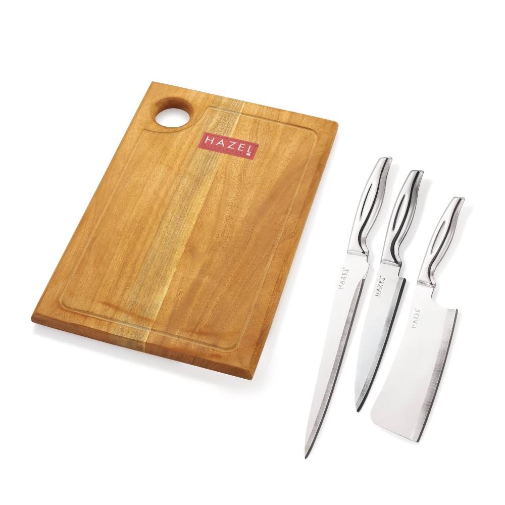 HAZEL Stainless Steel Sharp Kitchen knife Set of 4|Chef, Carving, Chopper Knife & Rect Chopping Board