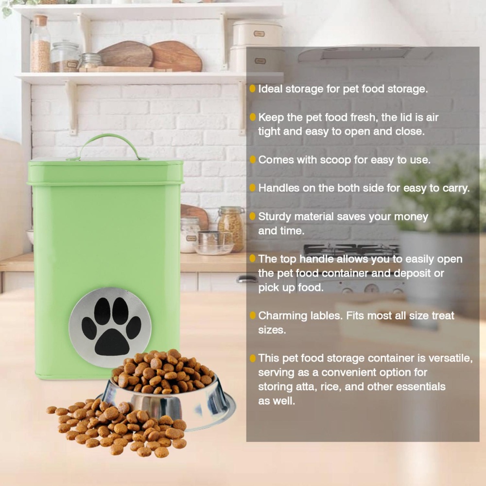 HAZEL Pet Food ContainerÂ withÂ Lid | Metal Multipurpose Containers for CatÂ food, Green, 3200 ML