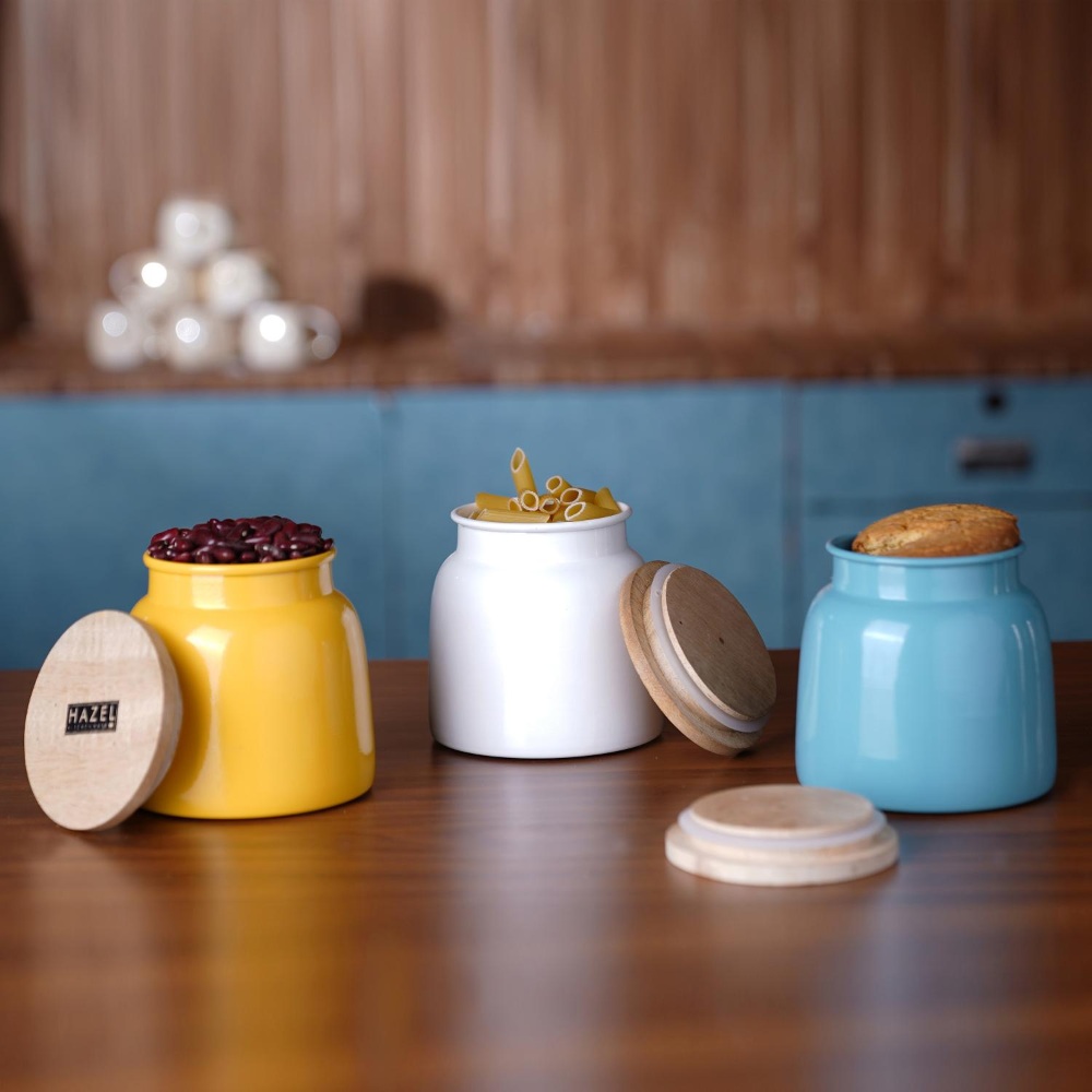 HAZEL Storage Container for Kitchen | Air Tight Container for Storage with Lid, Set of 3, Yellow, White & Blue, 750 ML