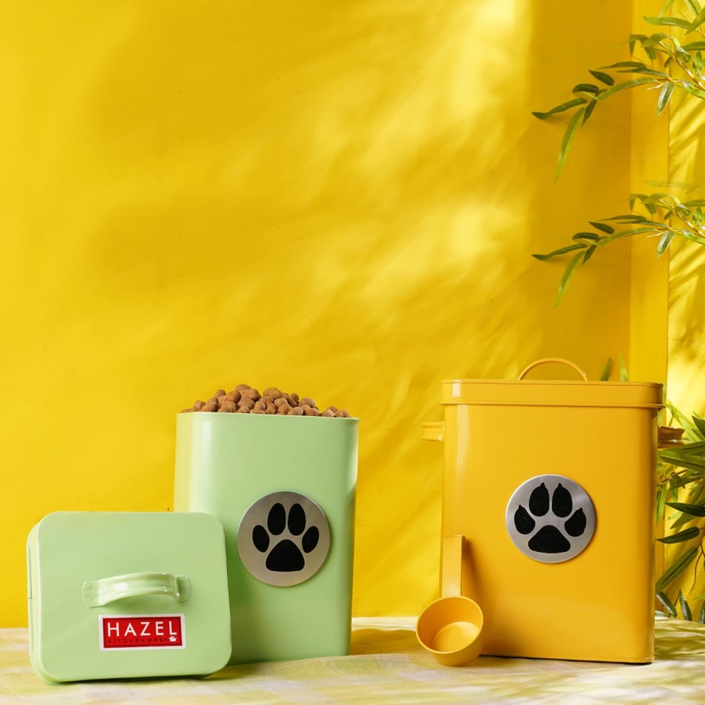 HAZEL Pet Food ContainerÂ withÂ Lid | Metal Multipurpose Containers for DogÂ andÂ CatÂ food, Set of 2, Yellow & Green, 6600 ML, 3200 ML