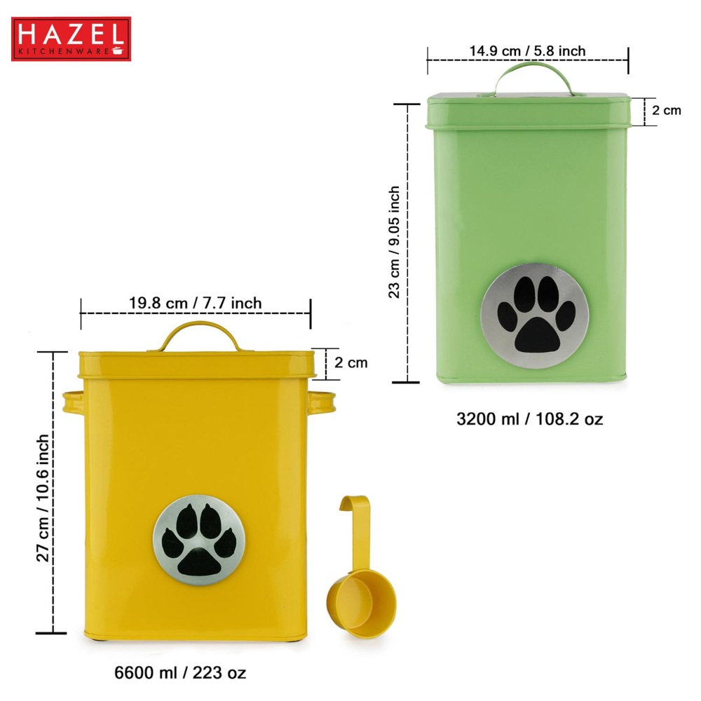 HAZEL Pet Food ContainerÂ withÂ Lid | Metal Multipurpose Containers for DogÂ andÂ CatÂ food, Set of 2, Yellow & Green, 6600 ML, 3200 ML