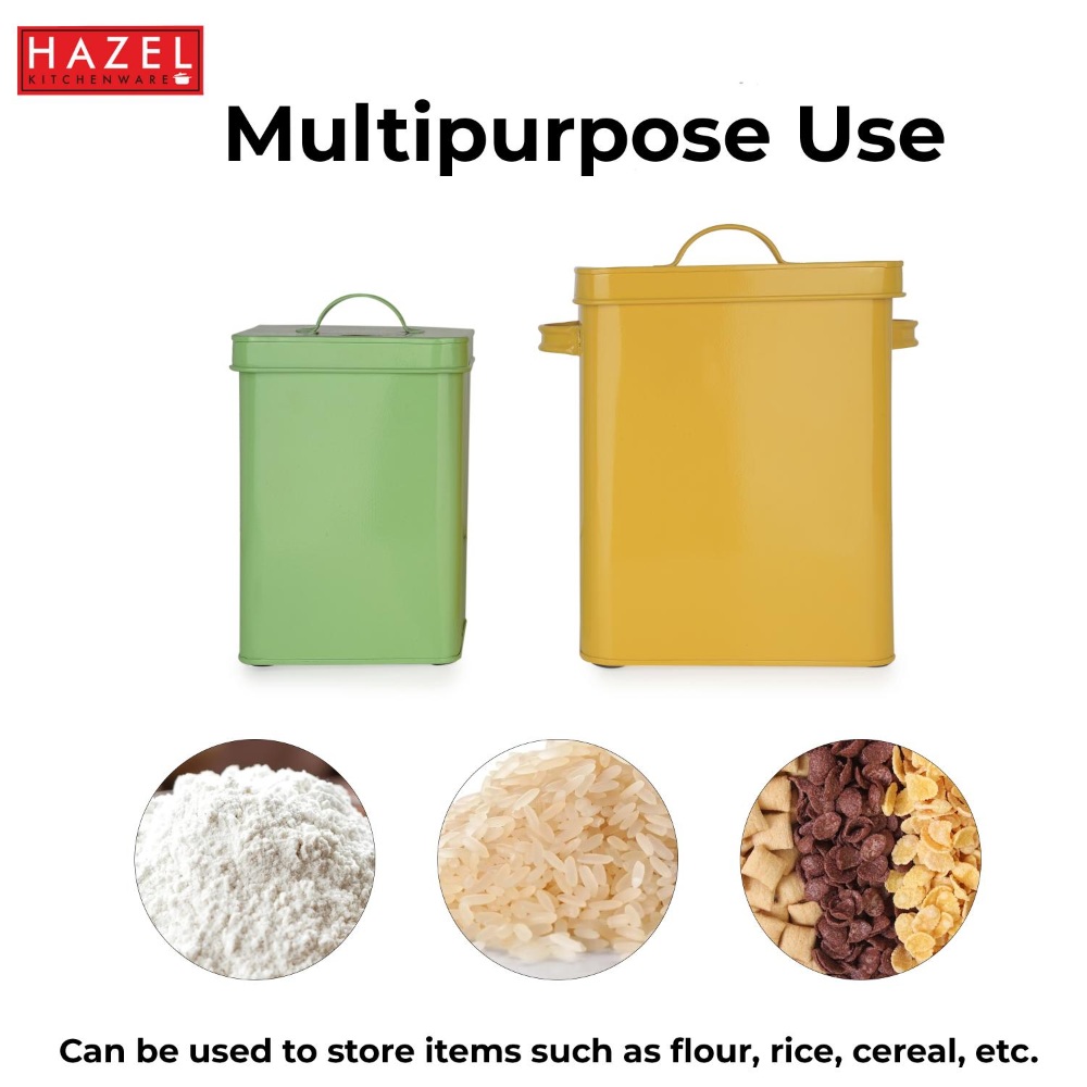 HAZEL Pet Food ContainerÂ withÂ Lid | Metal Multipurpose Containers for DogÂ andÂ CatÂ food, Set of 2, Yellow & Green, 6600 ML, 3200 ML