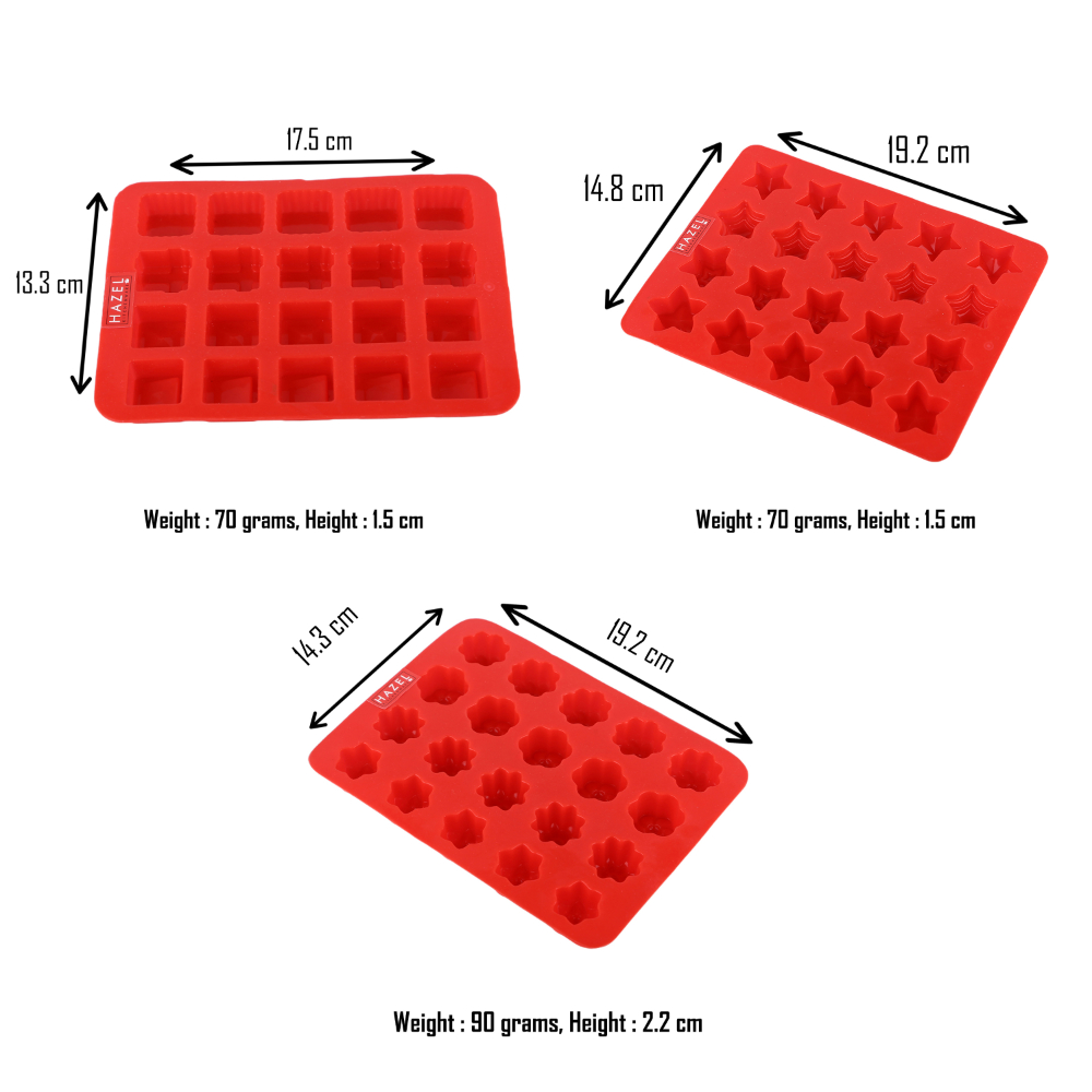 HAZEL Silicone Chocolate Square Star Flower 3D DIY Homemade Candy Baking Mould, Reusable Oven Safe Food Grade, Set of 3, Red