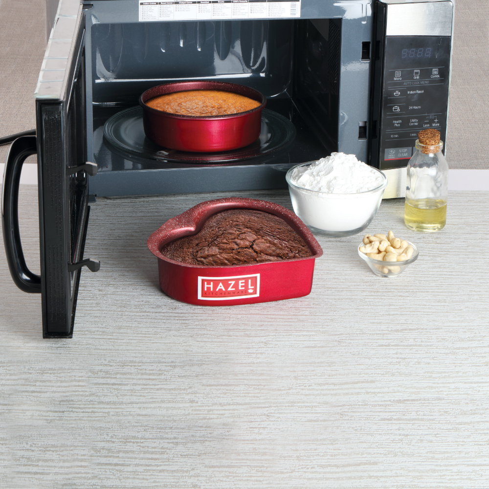 HAZEL Cake Mould Non Stick Mold Round 1/2kg And Heart 1/2kg Shaped Aluminized Steel 500 gm For Microwave Oven OTG Baking Pan Set of 2, Red