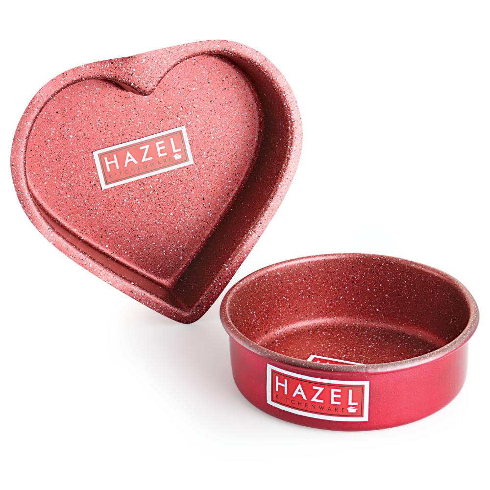 HAZEL Cake Mould Non Stick Mold Round 1/2kg And Heart 1/2kg Shaped Aluminized Steel 500 gm For Microwave Oven OTG Baking Pan Set of 2, Red