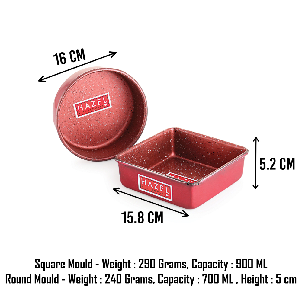 HAZEL Cake Mould Mold Set Round 1/2kg And Square 1/2kg Shaped Aluminized Steel Non Stick Cake Mold 500 gm For Microwave Oven OTG Baking Pan Set of 2, Red