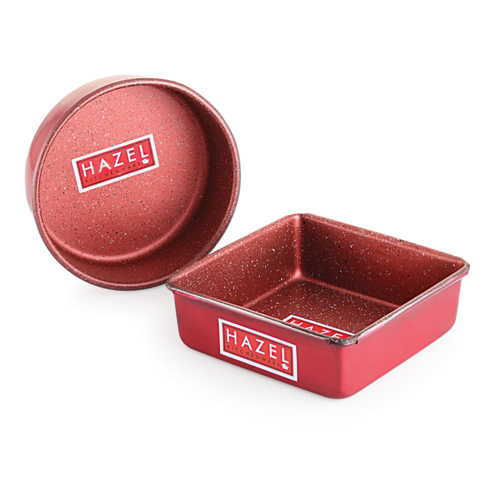 HAZEL Cake Mould Mold Set Round 1/2kg And Square 1/2kg Shaped Aluminized Steel Non Stick Cake Mold 500 gm For Microwave Oven OTG Baking Pan Set of 2, Red