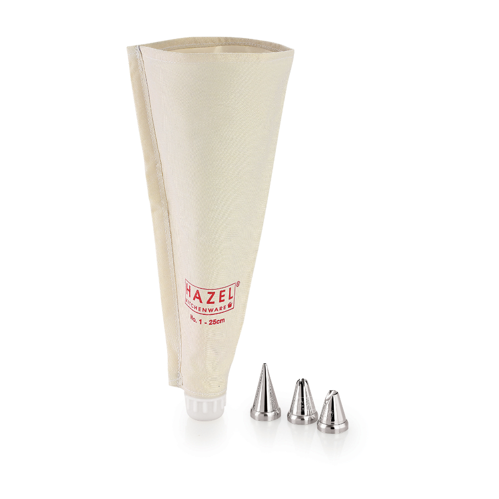 HAZEL Piping Bags With Nozzles Set |Reusable Cake Icing Bag With 3 Nozzles |Piping Bags For Cake Decoration Items , Small Size 25 cm, White