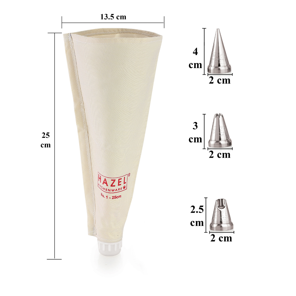 HAZEL Piping Bags With Nozzles Set |Reusable Cake Icing Bag With 3 Nozzles |Piping Bags For Cake Decoration Items , Small Size 25 cm, White