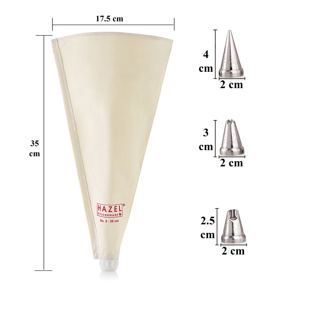 HAZEL Piping Bags With Nozzles Set |Reusable Cake Icing Bag With 3 Nozzles |Piping Bags For Cake Decoration Items , Big Size 35 cm, White