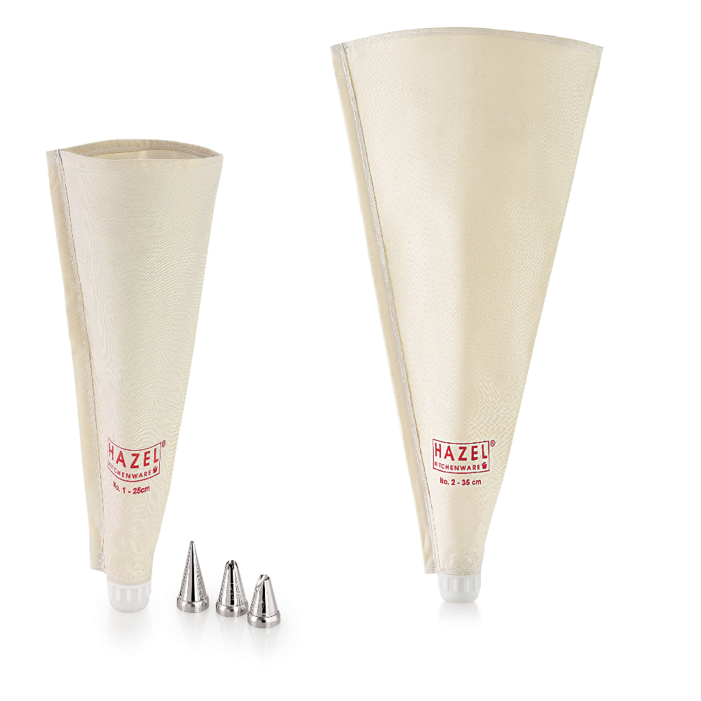 HAZEL Piping Bags With Nozzles Set |Cake Icing Bag With 3 Nozzles |Piping Bags For Cake Decoration Items , (2 Reusable Piping Bags, 3 Nozzles), White