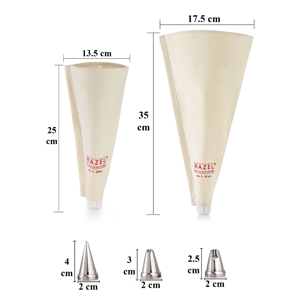 HAZEL Piping Bags With Nozzles Set |Cake Icing Bag With 3 Nozzles |Piping Bags For Cake Decoration Items , (2 Reusable Piping Bags, 3 Nozzles), White