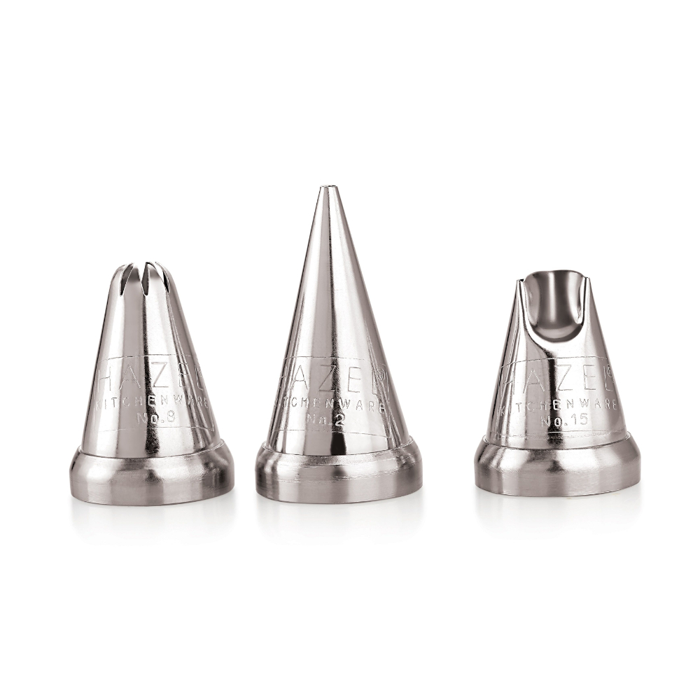 HAZEL Cake Nozzle Set of 3 – Piping Nozzles for Cake Decorating (N2 Round, N8 Star, N15 Ruffle) Silver