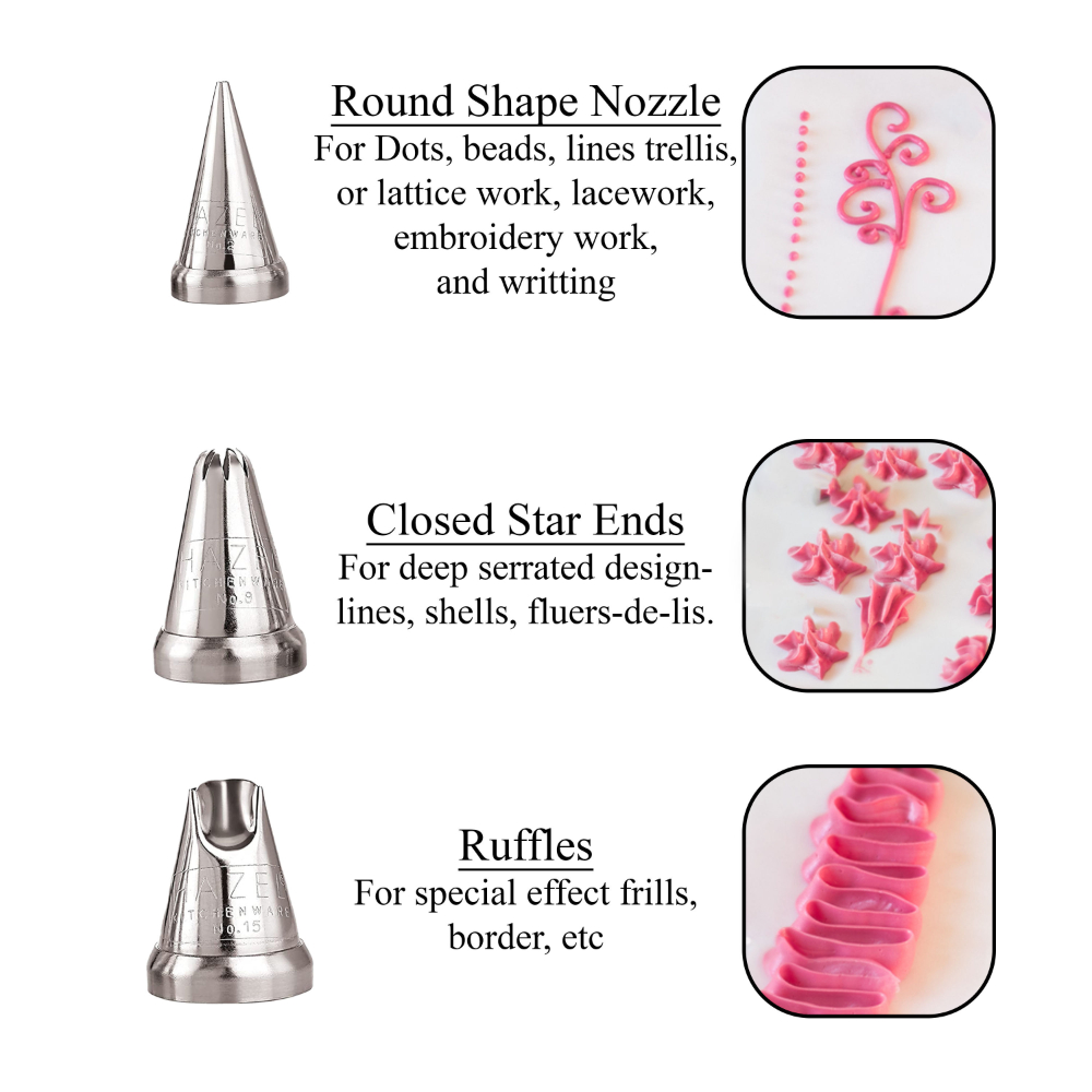 HAZEL Cake Nozzle Set of 3 – Piping Nozzles for Cake Decorating (N2 Round, N8 Star, N15 Ruffle) Silver