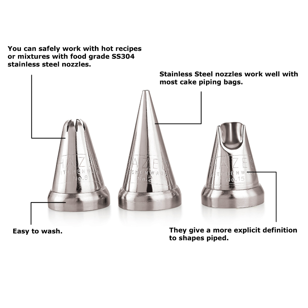 HAZEL Cake Nozzle Set of 3 – Piping Nozzles for Cake Decorating (N2 Round, N8 Star, N15 Ruffle) Silver