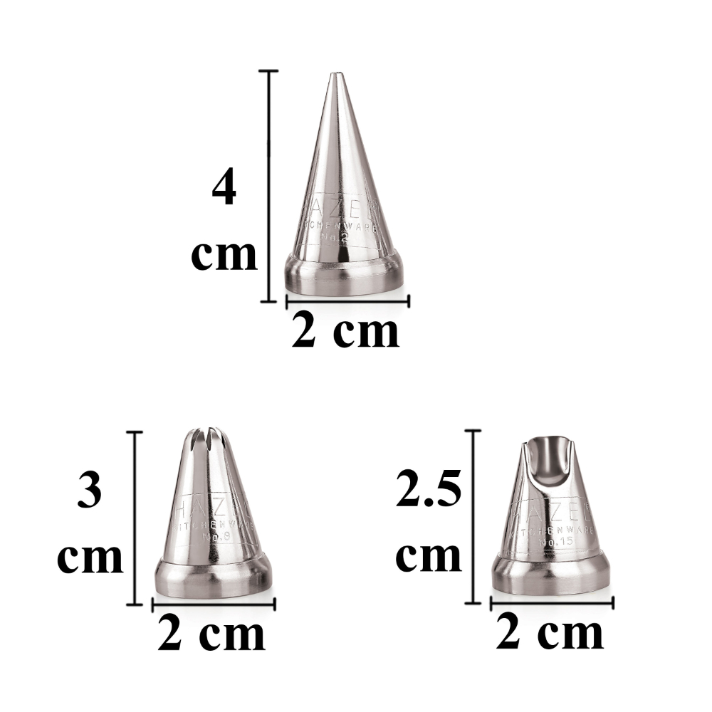 HAZEL Cake Nozzle Set of 3 – Piping Nozzles for Cake Decorating (N2 Round, N8 Star, N15 Ruffle) Silver
