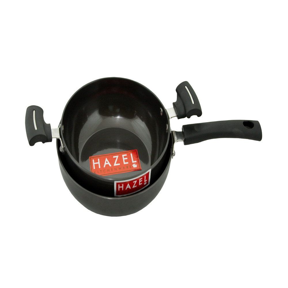 HAZEL 3 mm Hard Anodised Cookware Set Aluminium Anodized Kadai Frying Pan With Induction Base Set of 2 Pc, 20 cm Kadhai with 22 cm Fry Pan, Black