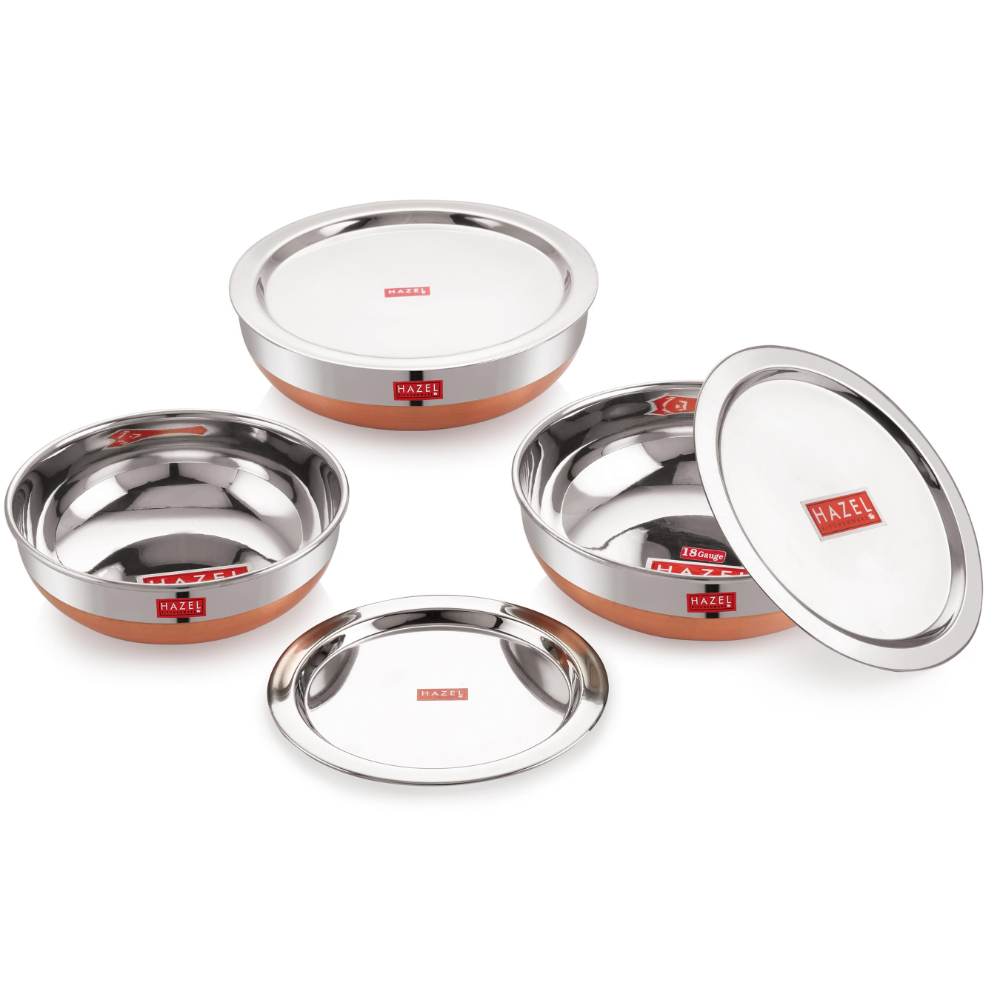 HAZEL Alfa 18 Gauge Premium Stainless Steel Tasra Kadhai with Copper Bottom and Lid, Set of 3, 1000 - 1800 ml, Silver & Copper