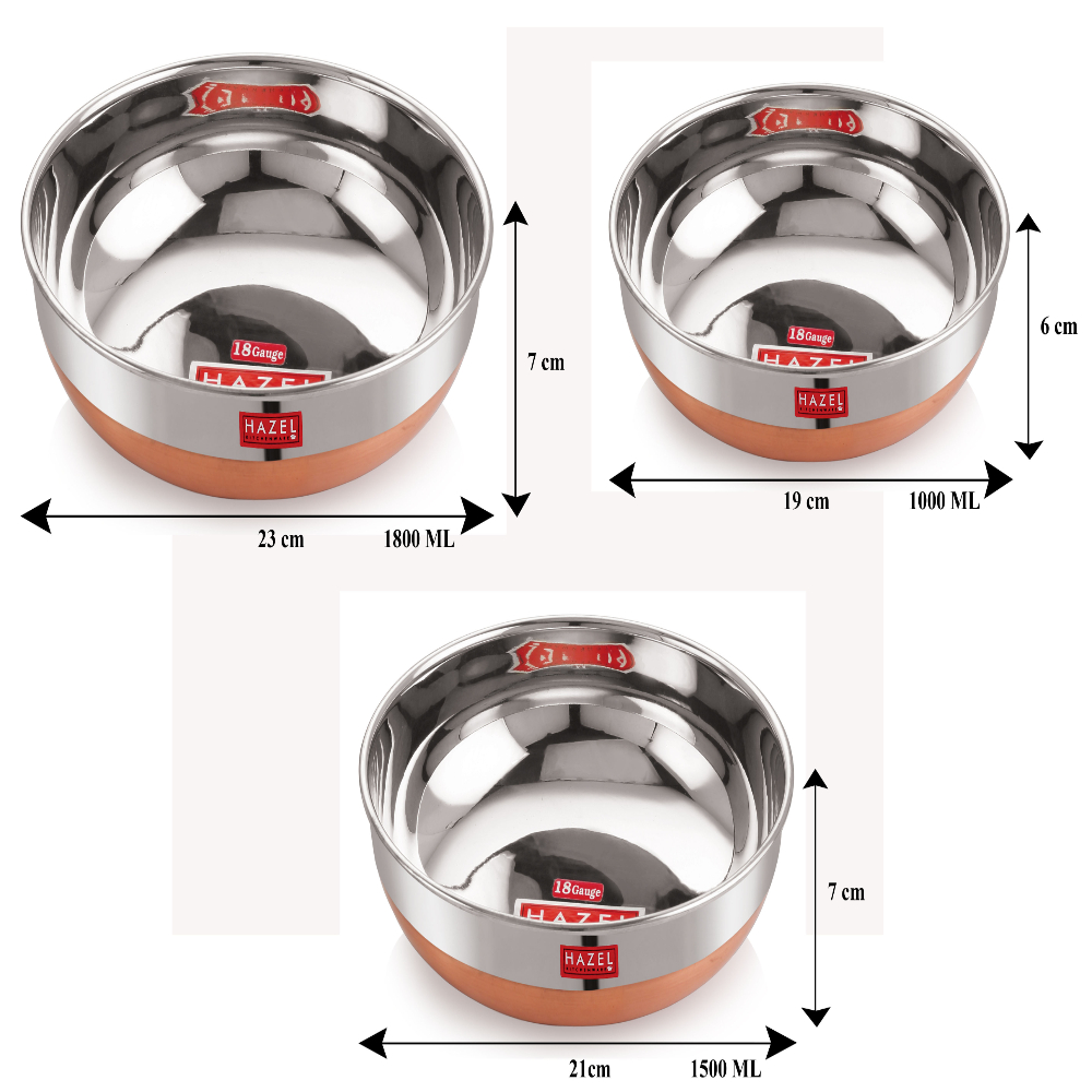 HAZEL Alfa 18 Gauge Premium Stainless Steel Tasra Kadhai with Copper Bottom and Lid, Set of 3, 1000 - 1800 ml, Silver & Copper