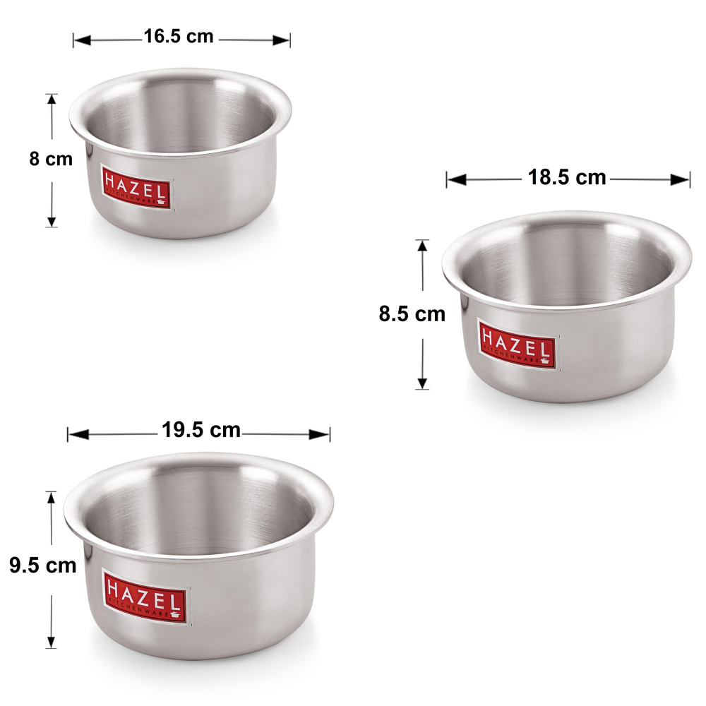 HAZEL Aluminium Flat Bottom Patila Tope Pot, Set of 3, 1125 ml-2000 ml, Silver
