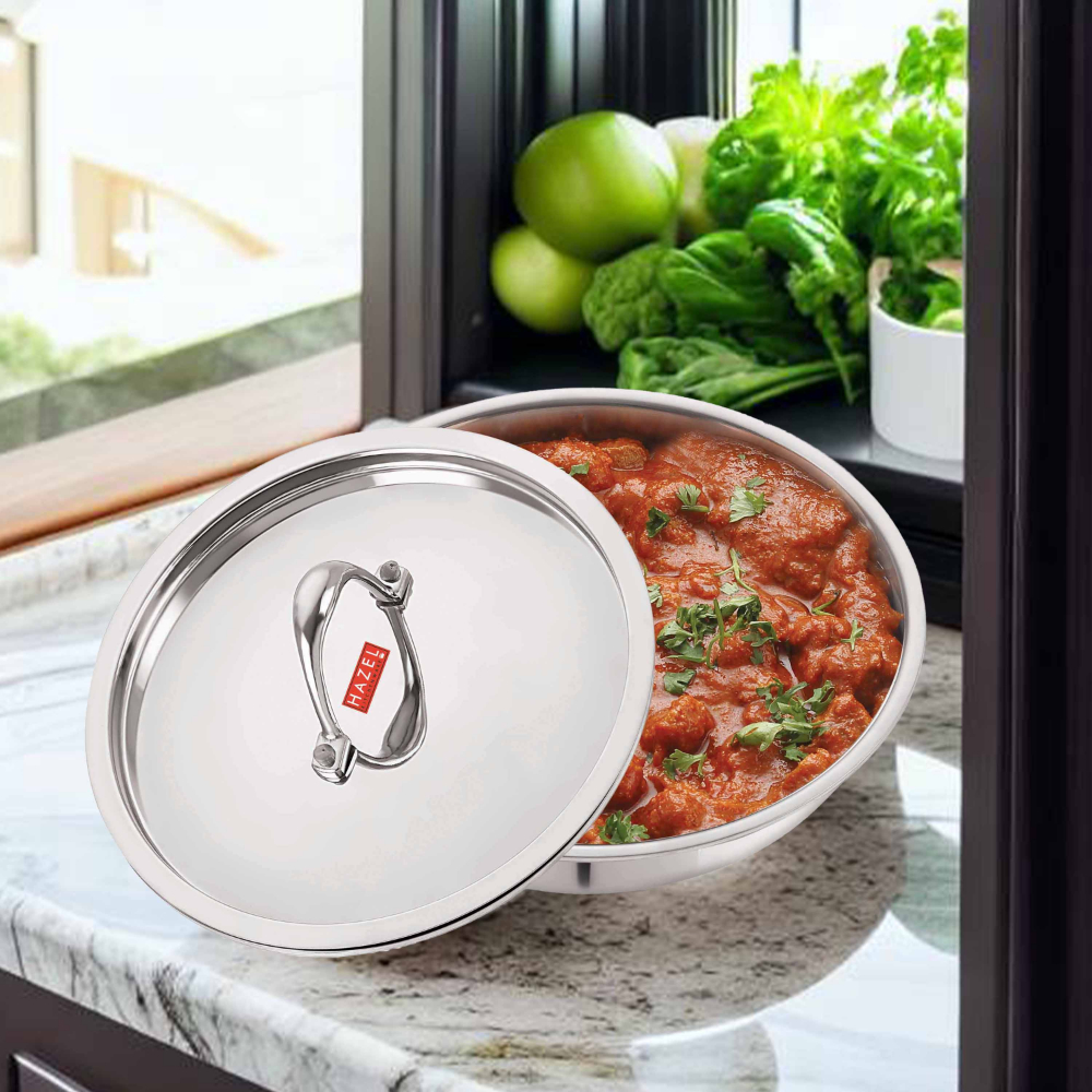 HAZEL Triply Stainless Steel Induction Bottom Tasra With Stainless Steel Lid, 1.5 Litre, 20.5 cm
