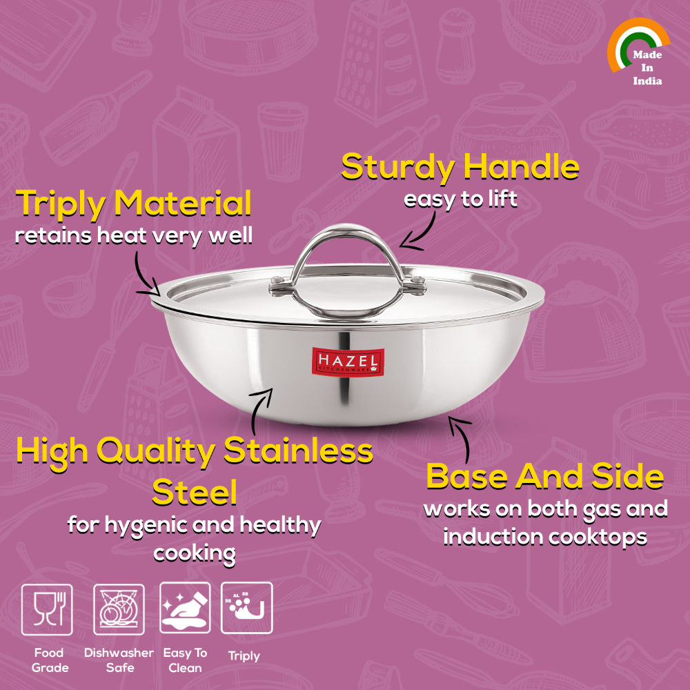 HAZEL Triply Stainless Steel Induction Bottom Tasra With Stainless Steel Lid, 1.5 Litre, 20.5 cm