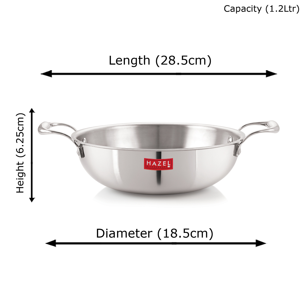 HAZEL Triply Stainless Steel Induction Bottom Kadhai With Stainless Steel Lid, 1.2 Litre, 18.5 cm