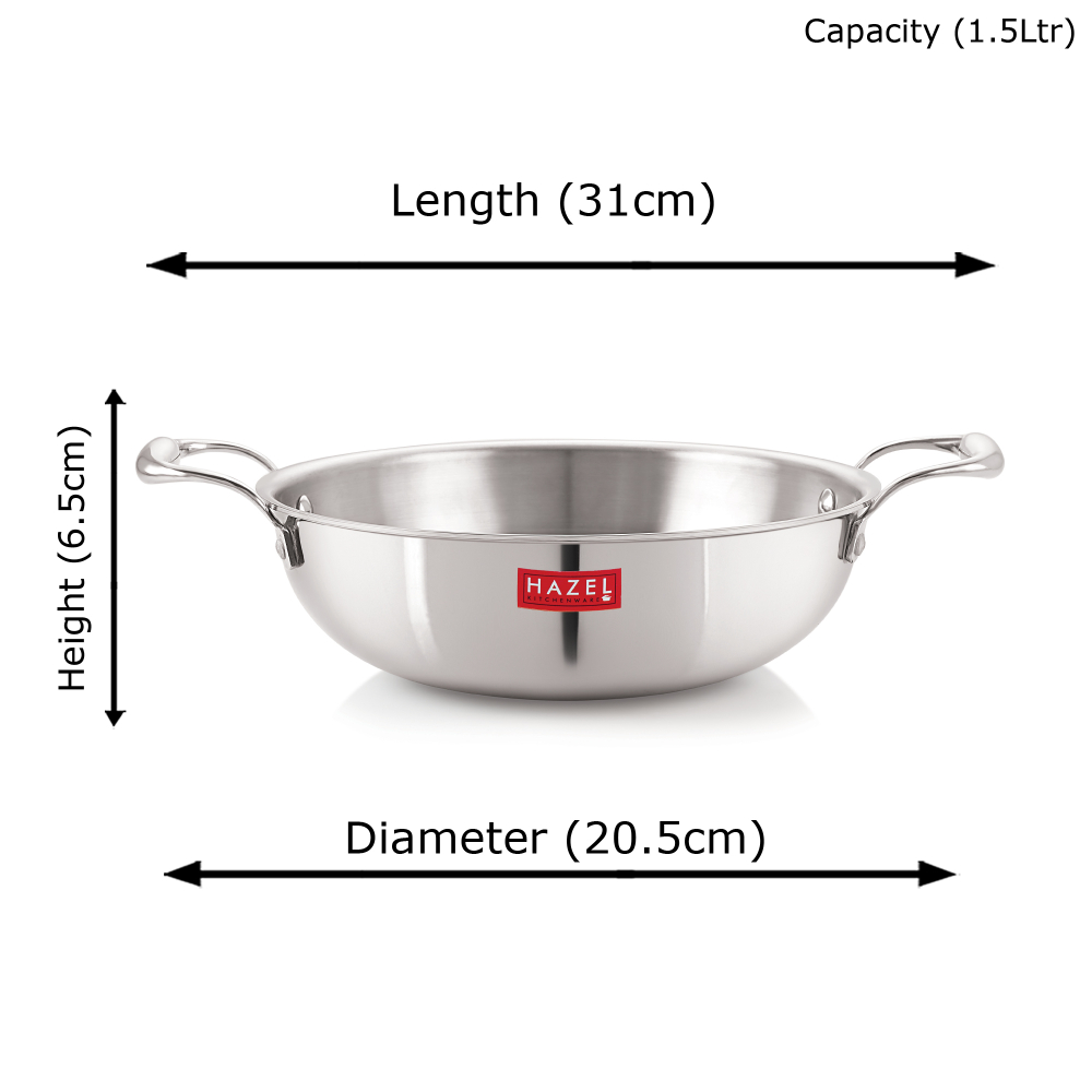 HAZEL Triply Stainless Steel Induction Bottom Kadhai With Stainless Steel Lid, 1.5 Litre, 20.5 cm