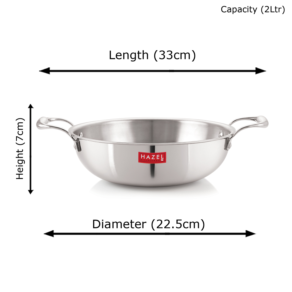HAZEL Triply Stainless Steel Induction Bottom Kadhai With Stainless Steel Lid, 2 Litre, 22.5 cm